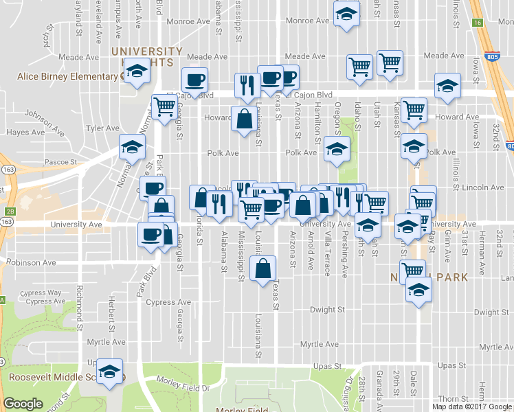 map of restaurants, bars, coffee shops, grocery stores, and more near 3953 Louisiana Street in San Diego