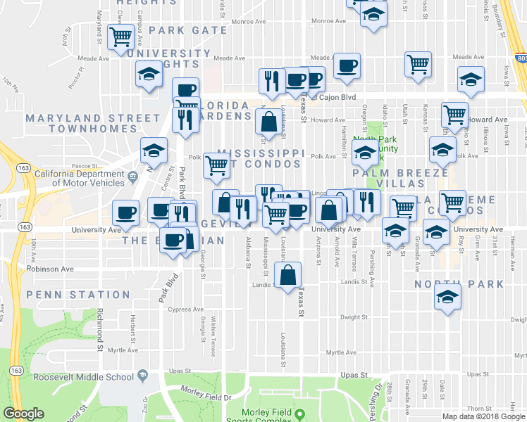 map of restaurants, bars, coffee shops, grocery stores, and more near 3948 1/2 Mississippi Street in San Diego