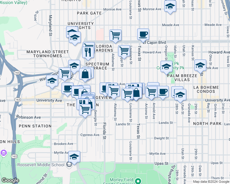 map of restaurants, bars, coffee shops, grocery stores, and more near 3945 Alabama Street in San Diego