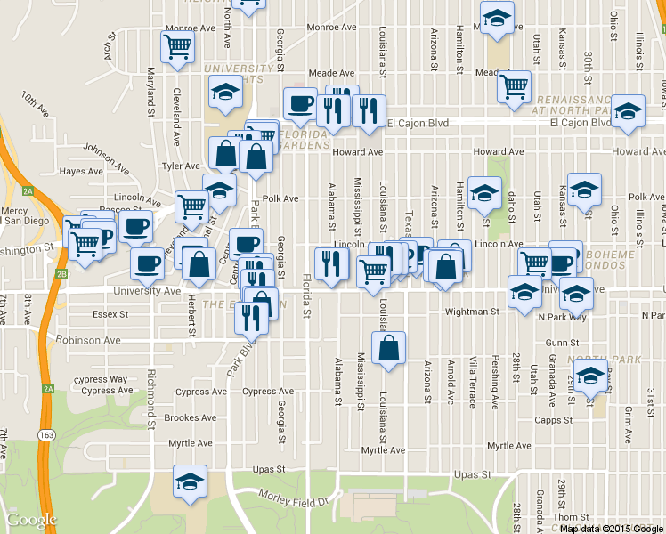map of restaurants, bars, coffee shops, grocery stores, and more near 3945 Alabama Street in San Diego