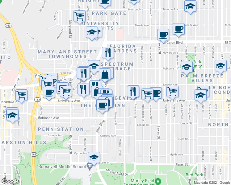 map of restaurants, bars, coffee shops, grocery stores, and more near 3948 Georgia Street in San Diego