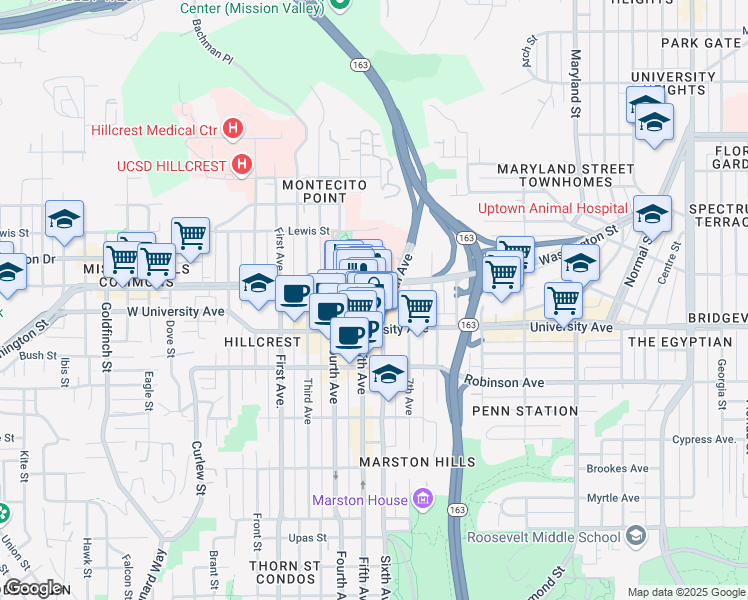 map of restaurants, bars, coffee shops, grocery stores, and more near 3964 Fifth Avenue in San Diego