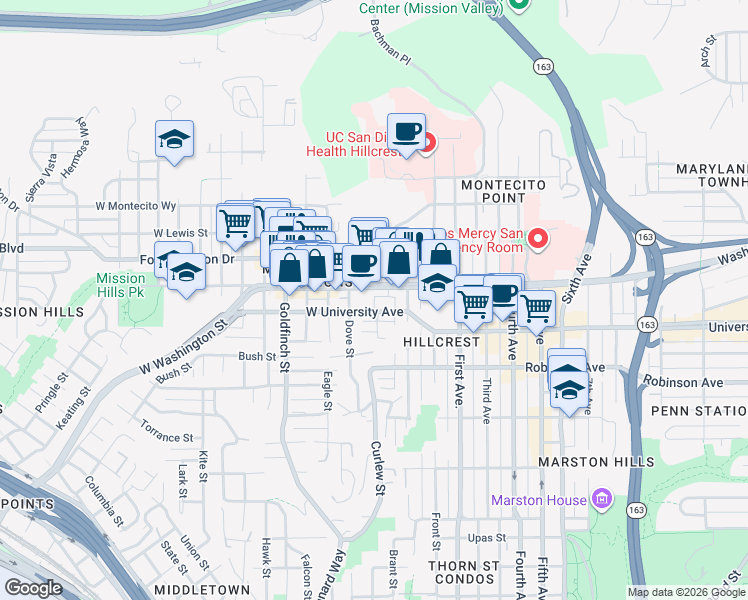 map of restaurants, bars, coffee shops, grocery stores, and more near in San Diego