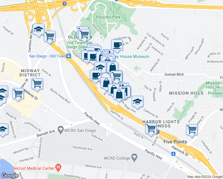 map of restaurants, bars, coffee shops, grocery stores, and more near 2341 Jefferson Street in San Diego