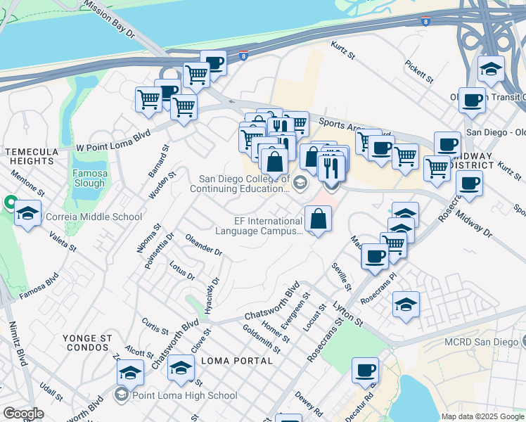 map of restaurants, bars, coffee shops, grocery stores, and more near 3133 Kemper Street in San Diego