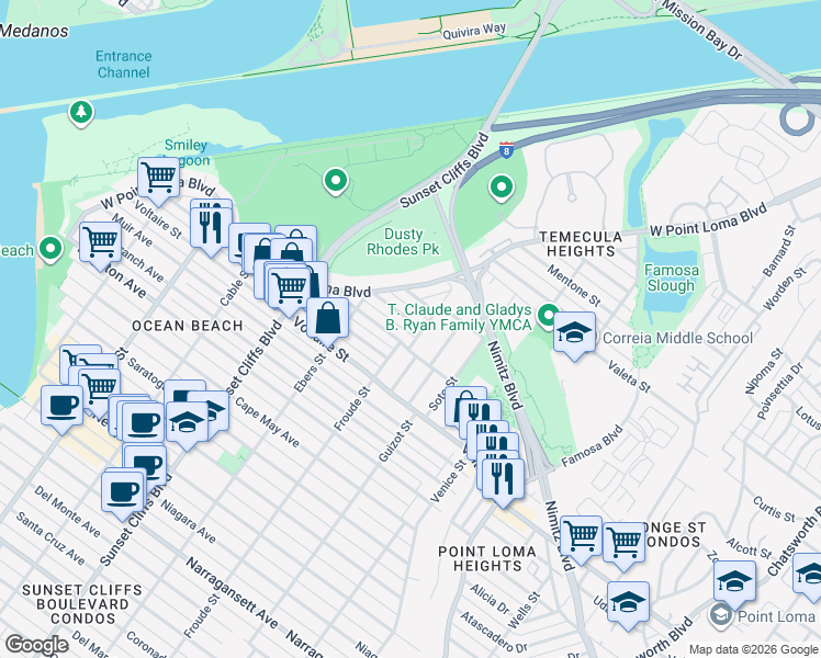map of restaurants, bars, coffee shops, grocery stores, and more near 4621 Larkspur Street in San Diego