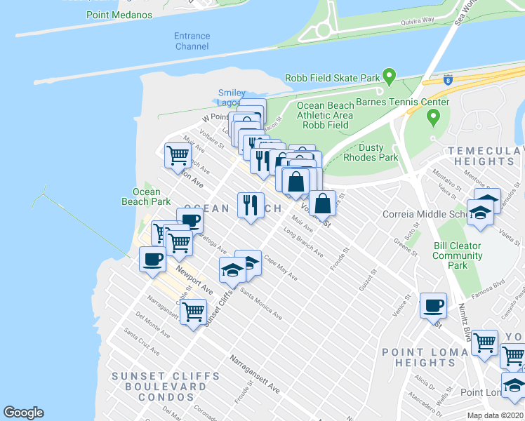 map of restaurants, bars, coffee shops, grocery stores, and more near 4839 Muir Avenue in San Diego