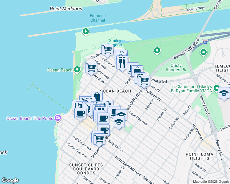 map of restaurants, bars, coffee shops, grocery stores, and more near 4947-51 Brighton Avenue in San Diego