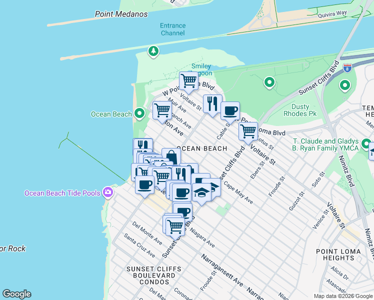 map of restaurants, bars, coffee shops, grocery stores, and more near 5004 Cape May Avenue in San Diego