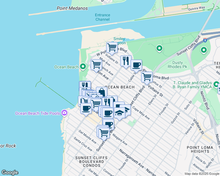 map of restaurants, bars, coffee shops, grocery stores, and more near 5004 Cape May Avenue in San Diego