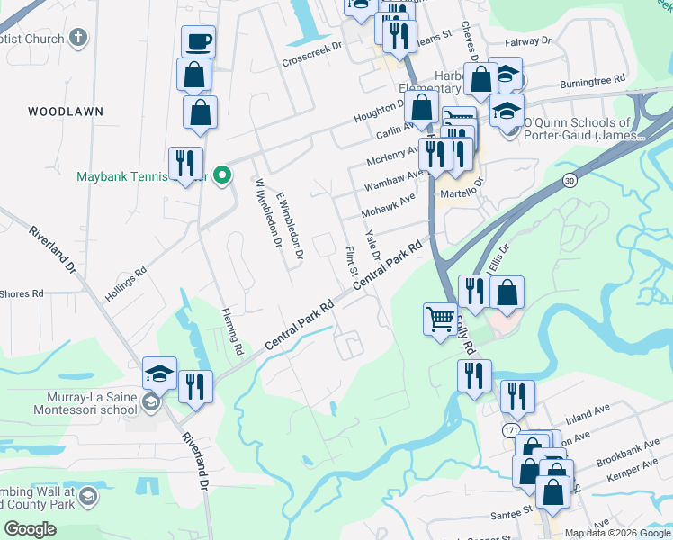 map of restaurants, bars, coffee shops, grocery stores, and more near 633 Flint Street in Charleston