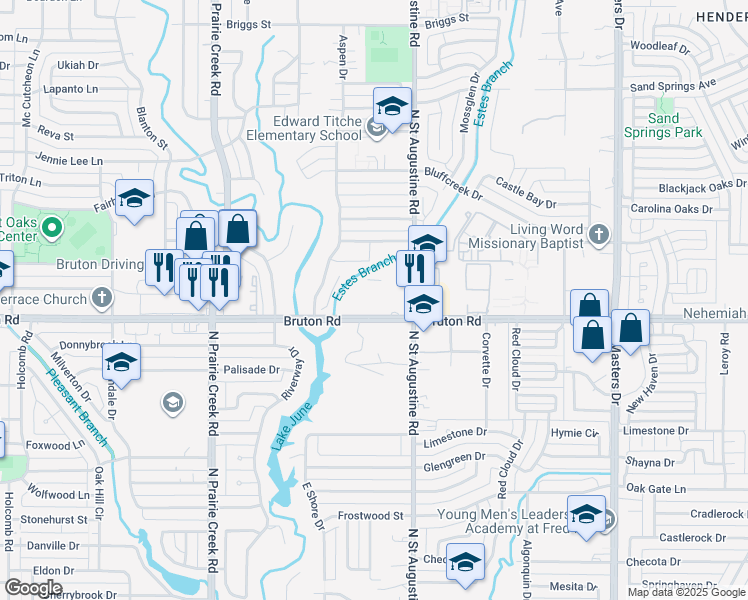 map of restaurants, bars, coffee shops, grocery stores, and more near 9415 Bruton Road in Dallas