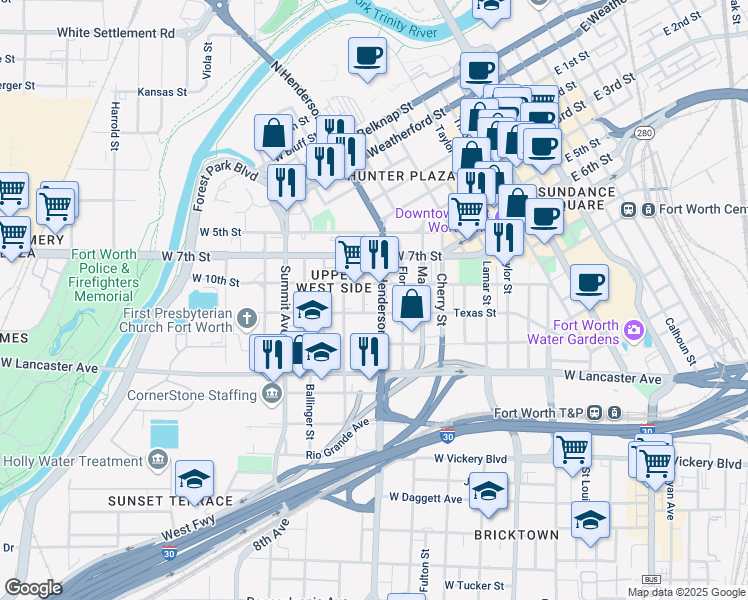 map of restaurants, bars, coffee shops, grocery stores, and more near 916 Henderson Street in Fort Worth