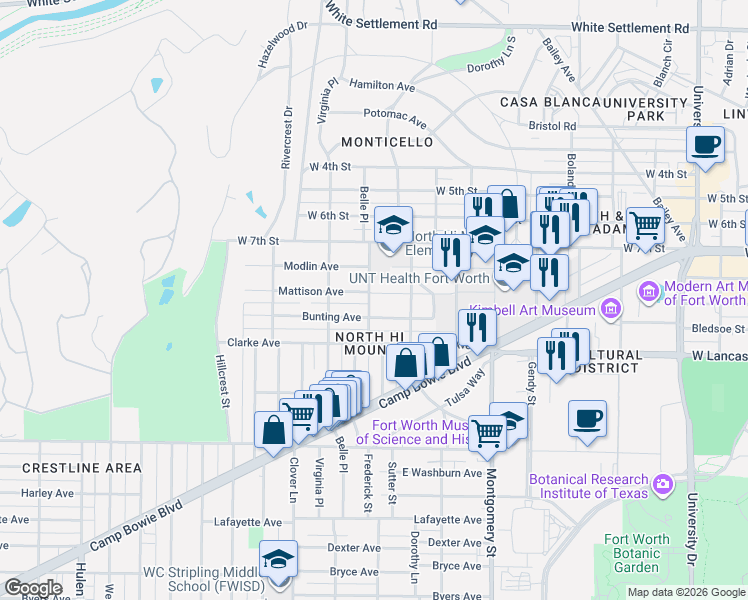 map of restaurants, bars, coffee shops, grocery stores, and more near 3901 Mattison Avenue in Fort Worth
