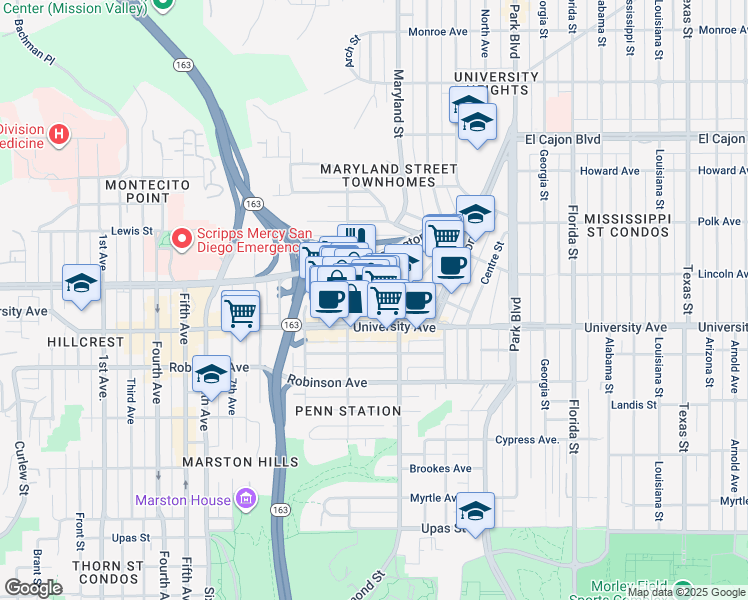 map of restaurants, bars, coffee shops, grocery stores, and more near 1260 Cleveland Avenue in San Diego