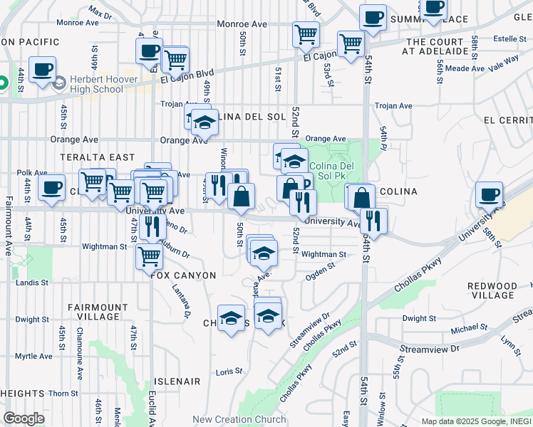 map of restaurants, bars, coffee shops, grocery stores, and more near 4013 Oakcrest Drive in San Diego