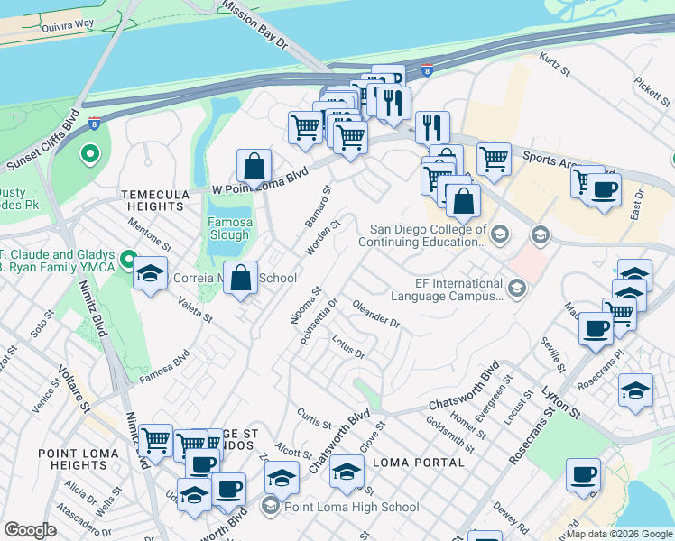map of restaurants, bars, coffee shops, grocery stores, and more near 2841 Nipoma Street in San Diego