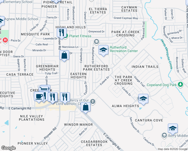 map of restaurants, bars, coffee shops, grocery stores, and more near 1338 Rutherford Drive in Mesquite