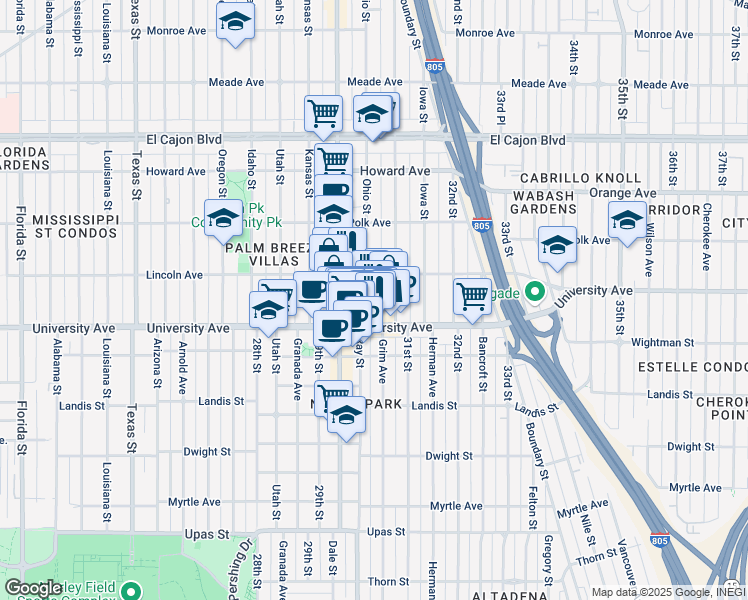 map of restaurants, bars, coffee shops, grocery stores, and more near 3951 Ohio Street in San Diego