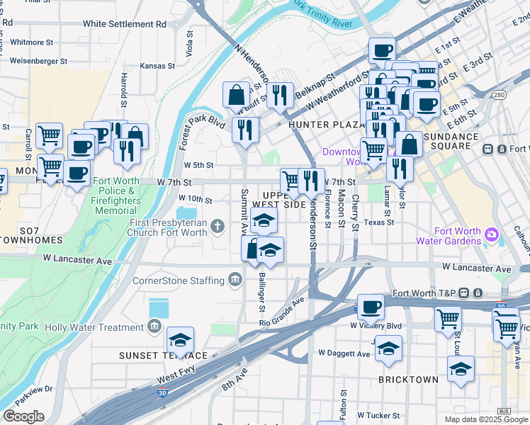 map of restaurants, bars, coffee shops, grocery stores, and more near in Fort Worth