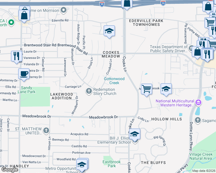 map of restaurants, bars, coffee shops, grocery stores, and more near 7808 Ashe Court in Fort Worth