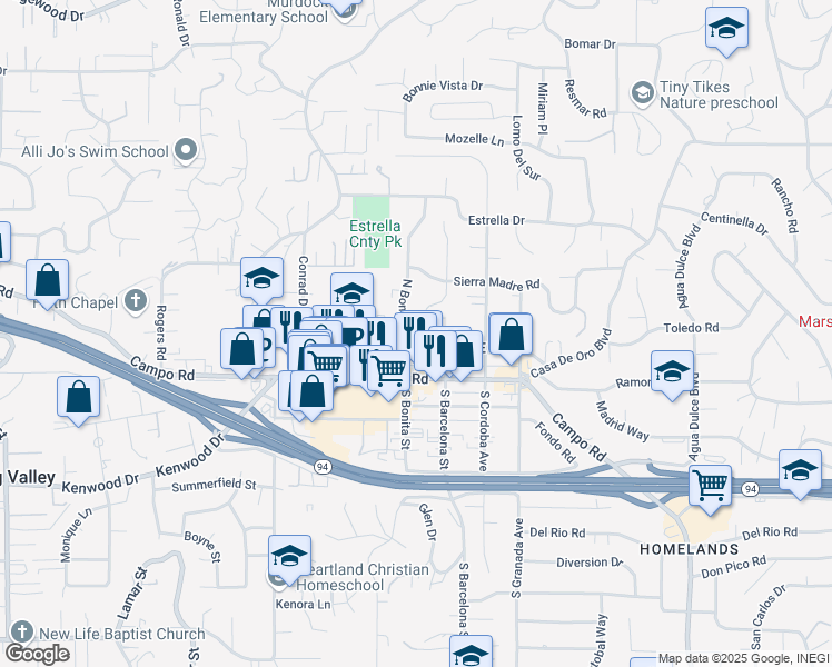 map of restaurants, bars, coffee shops, grocery stores, and more near 3939 North Bonita Street in Spring Valley
