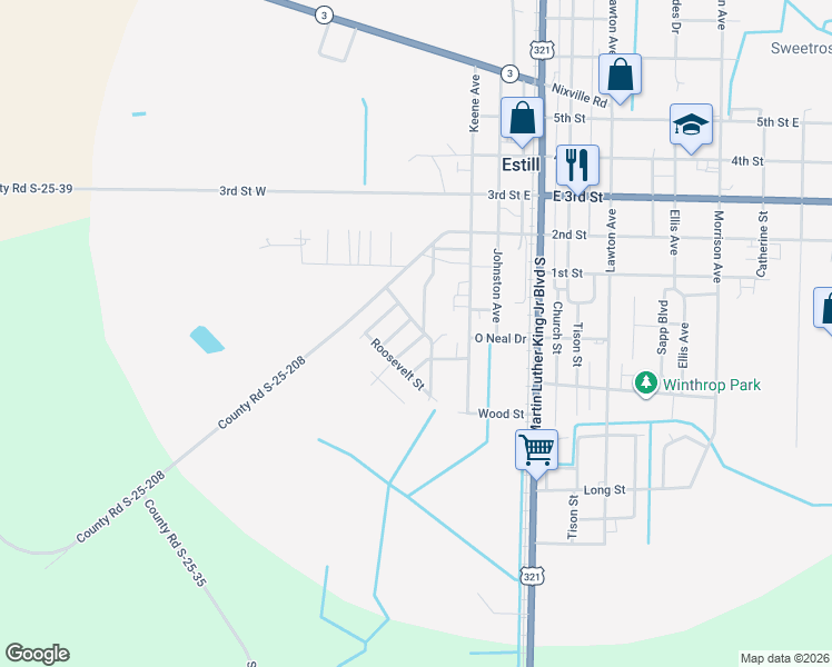 map of restaurants, bars, coffee shops, grocery stores, and more near 3114 Washington Street in Estill