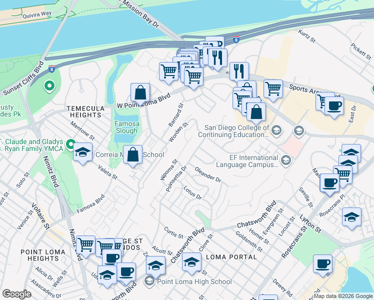 map of restaurants, bars, coffee shops, grocery stores, and more near 2841 Nipoma Street in San Diego