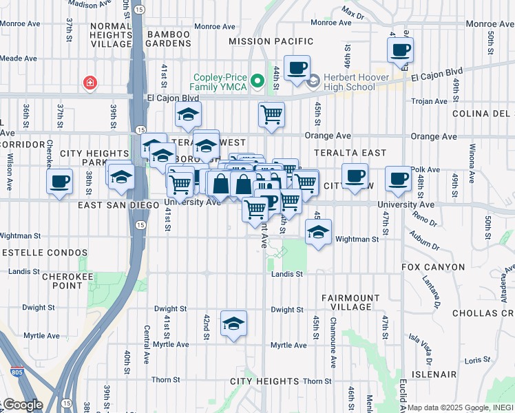 map of restaurants, bars, coffee shops, grocery stores, and more near in San Diego