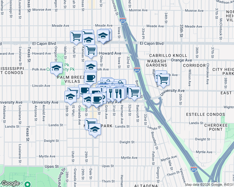 map of restaurants, bars, coffee shops, grocery stores, and more near 3946 Iowa Street in San Diego