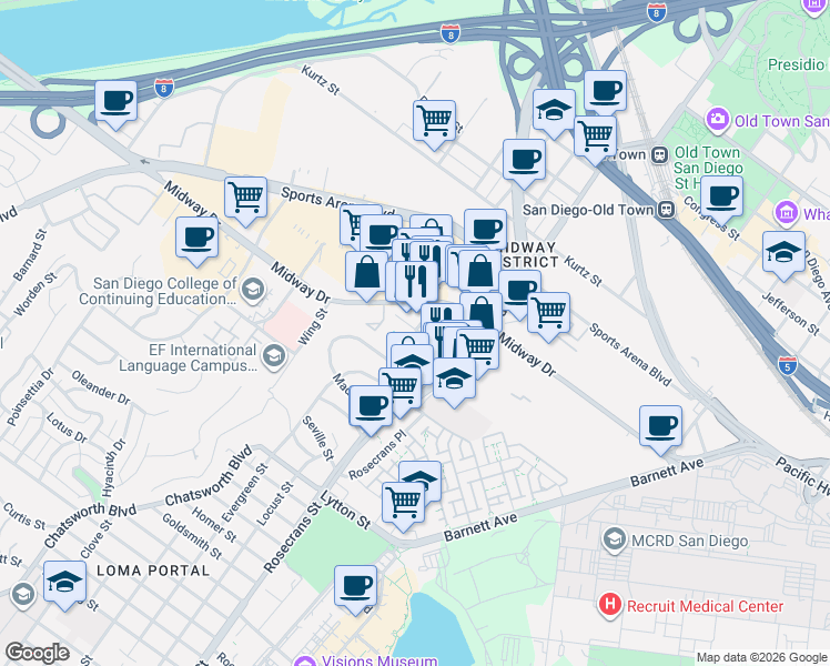 map of restaurants, bars, coffee shops, grocery stores, and more near 3131 Cauby Street in San Diego