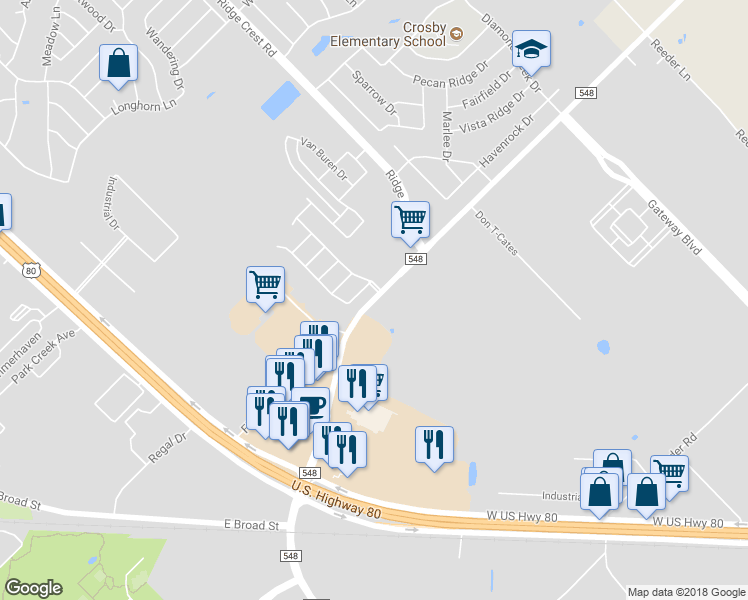 map of restaurants, bars, coffee shops, grocery stores, and more near 13138 Farm to Market Road 548 in Forney