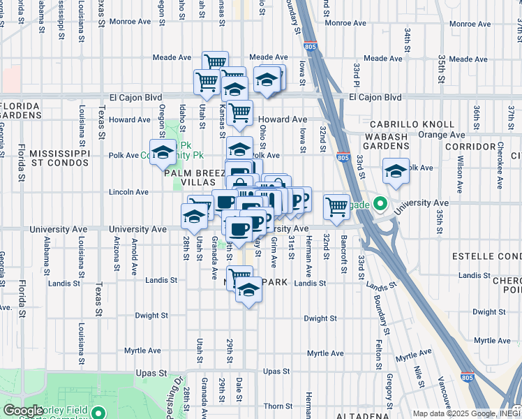 map of restaurants, bars, coffee shops, grocery stores, and more near 3951 Ohio Street in San Diego