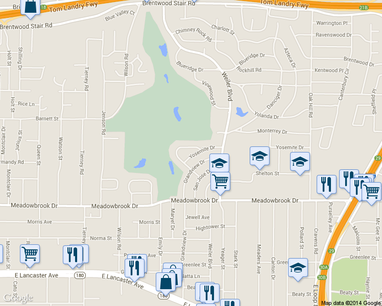map of restaurants, bars, coffee shops, grocery stores, and more near 1936 Yosemite Drive in Fort Worth