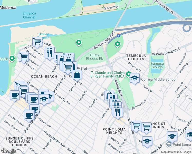 map of restaurants, bars, coffee shops, grocery stores, and more near 4621 Larkspur Street in San Diego
