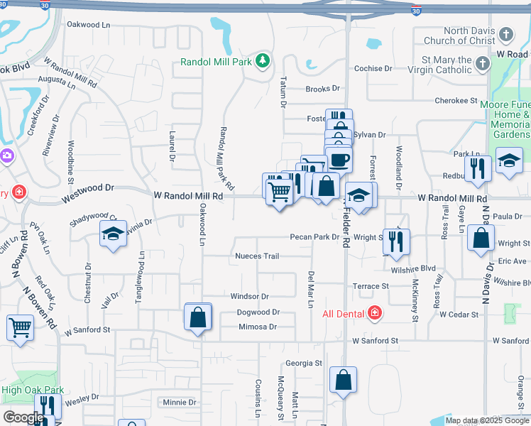 map of restaurants, bars, coffee shops, grocery stores, and more near 1736 West Randol Mill Road in Arlington