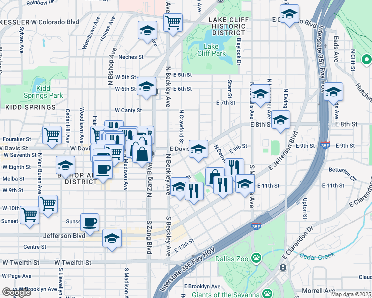 map of restaurants, bars, coffee shops, grocery stores, and more near East Davis Street in Dallas