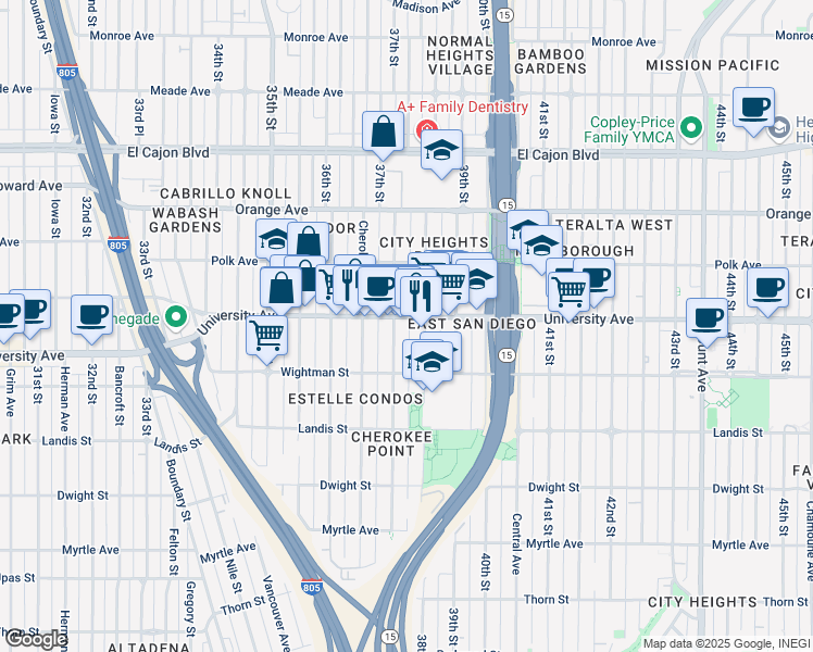 map of restaurants, bars, coffee shops, grocery stores, and more near 3721 University Avenue in San Diego