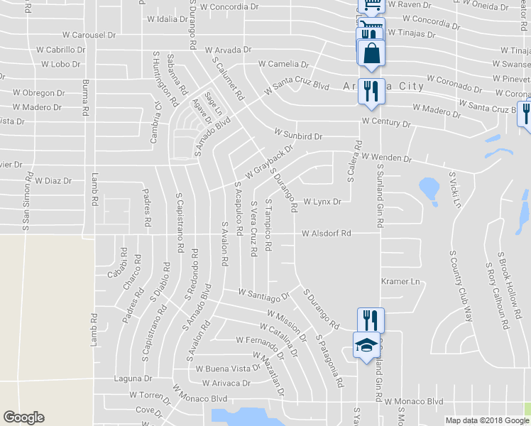 map of restaurants, bars, coffee shops, grocery stores, and more near 14356 South Tampico Road in Arizona City