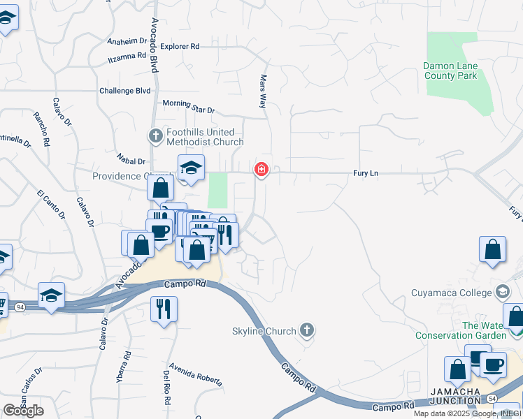 map of restaurants, bars, coffee shops, grocery stores, and more near 11020 Paseo Castanada in La Mesa