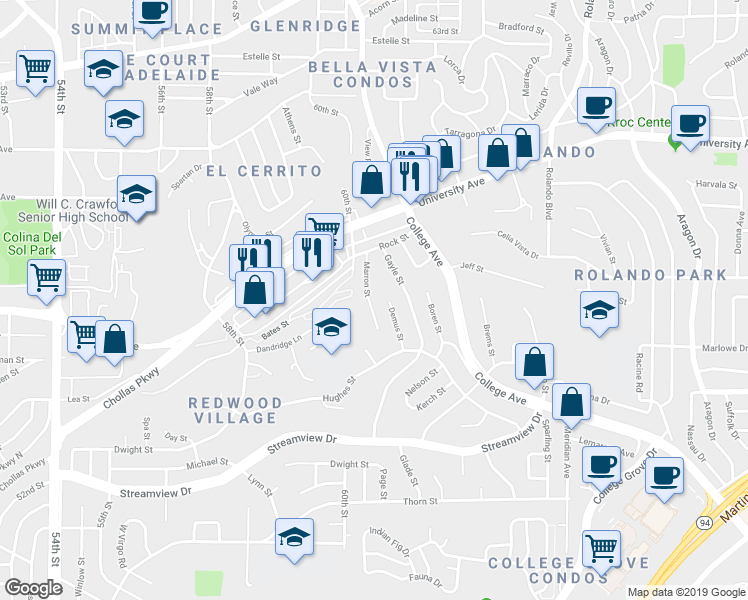 map of restaurants, bars, coffee shops, grocery stores, and more near 3919 Marron Street in San Diego