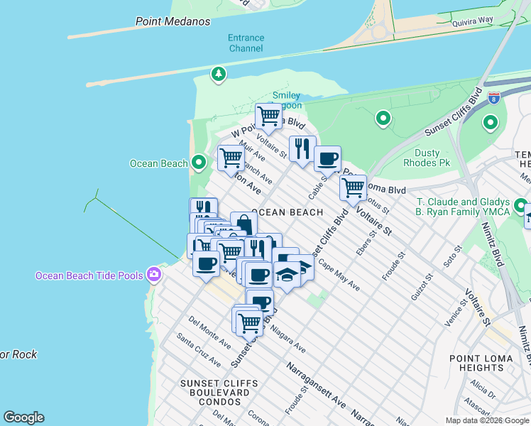 map of restaurants, bars, coffee shops, grocery stores, and more near 5004 Cape May Avenue in San Diego