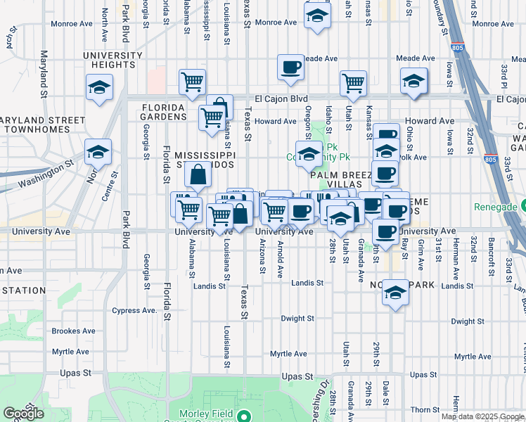 map of restaurants, bars, coffee shops, grocery stores, and more near 3952 Arizona Street in San Diego