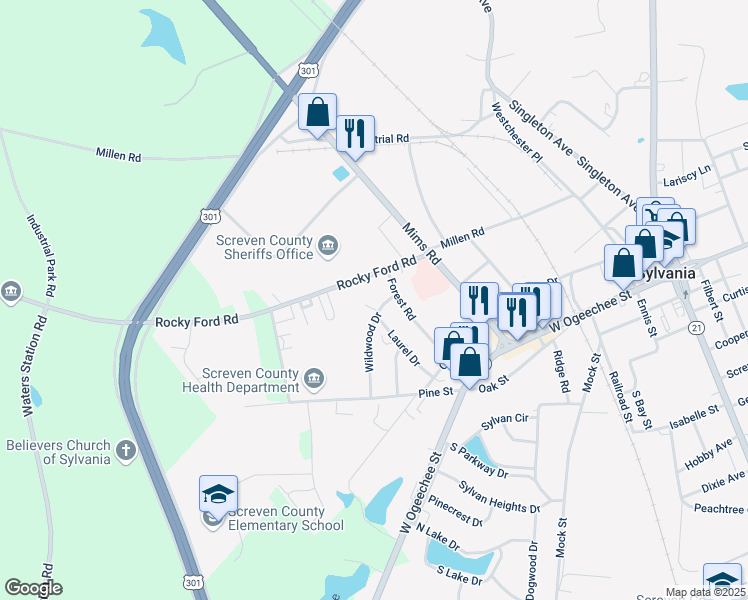 map of restaurants, bars, coffee shops, grocery stores, and more near 104 Wildwood Drive in Sylvania