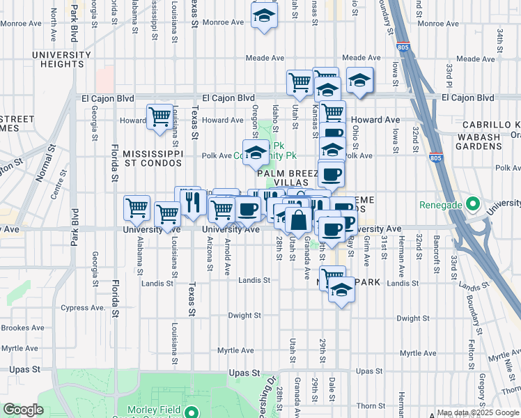 map of restaurants, bars, coffee shops, grocery stores, and more near 3955 Oregon Street in San Diego