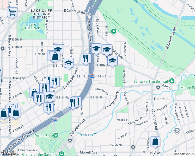 map of restaurants, bars, coffee shops, grocery stores, and more near 1026 East 9th Street in Dallas