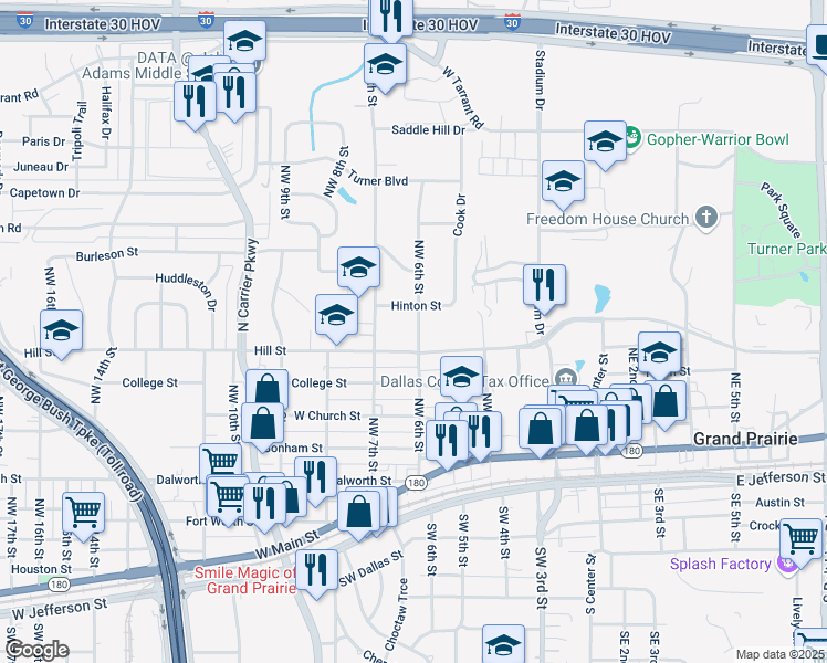 map of restaurants, bars, coffee shops, grocery stores, and more near 717 Northwest 6th Street in Grand Prairie