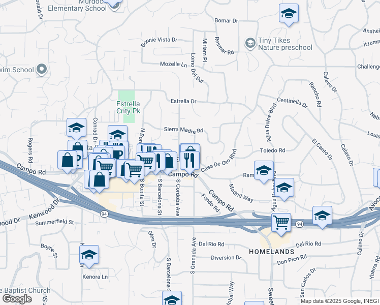 map of restaurants, bars, coffee shops, grocery stores, and more near 3952 North Granada Avenue in Spring Valley