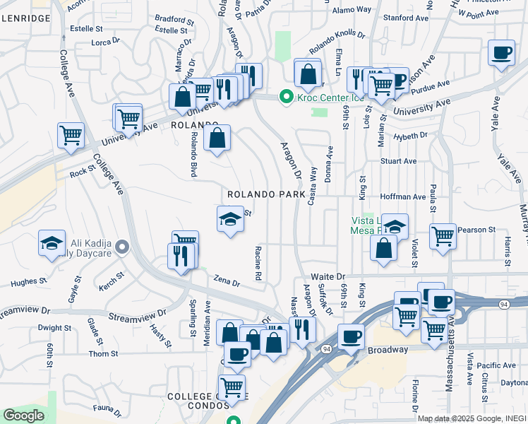 map of restaurants, bars, coffee shops, grocery stores, and more near 3960 Vista Grande Drive in San Diego