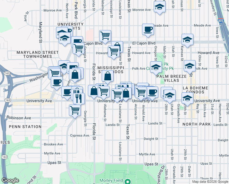 map of restaurants, bars, coffee shops, grocery stores, and more near 3948 1/2 Mississippi Street in San Diego